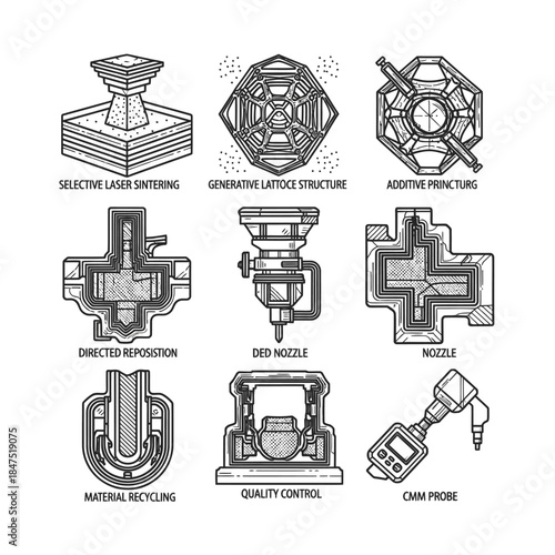 Detailed line art icons depicting advanced additive manufacturing processes, 3D printing technologies, and industrial quality control.