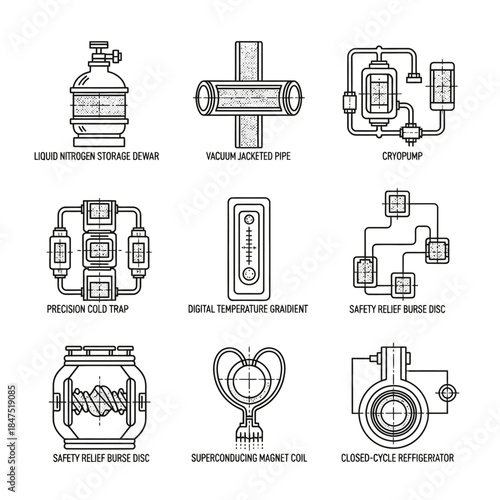 A detailed collection of line art illustrations showcasing essential cryogenic and vacuum technology components for scientific and industrial applications.