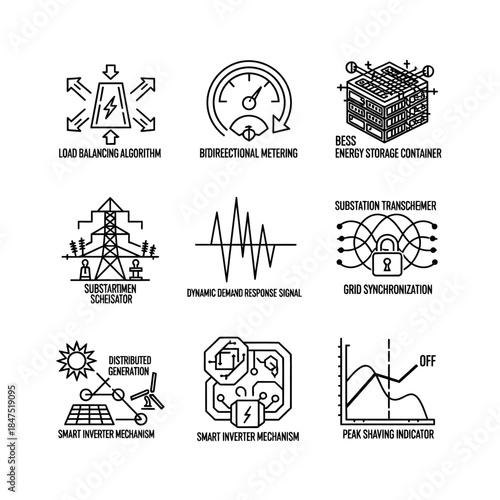 This collection of line icons visually represents essential smart grid technologies, energy management systems, and modern electrical power infrastructure.