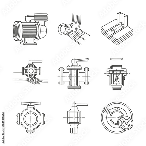 A comprehensive grid of precise line art illustrations detailing various industrial and mechanical engineering components, including pumps, valves, and intricate piping systems.