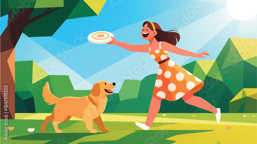 Illustration Of Cheerful Woman In A Sundress, Laughing As She Throws A Frisbee For A Golden Retriever In A Sun-Drenched Park Vector Design Template