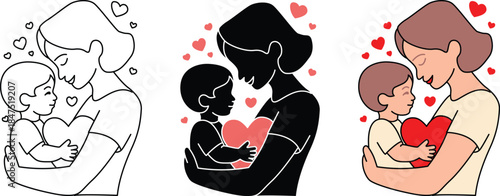 A loving mother and child embrace holding a heart surrounded by hearts, mother, child, love, hug, heart, embrace, affection, family, bonding