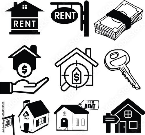Buy property, online listing and lease agreement vector symbols. House for sale and home for rent icons.House for rent vector icon showing house with For Rent sign