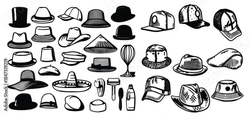 Vintage summer hats collection featuring elegant retro headwear for men and women.  suitable for fashion branding, posters, editorials, and stock illustration use.