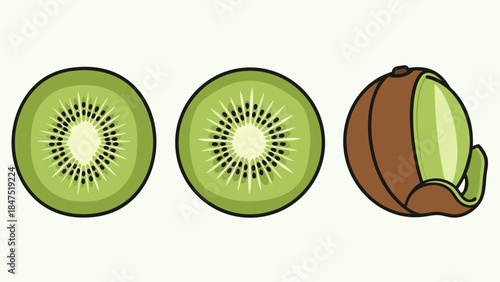 Vibrant vector illustration of fresh kiwi fruit, showcasing slices and a partially peeled piece