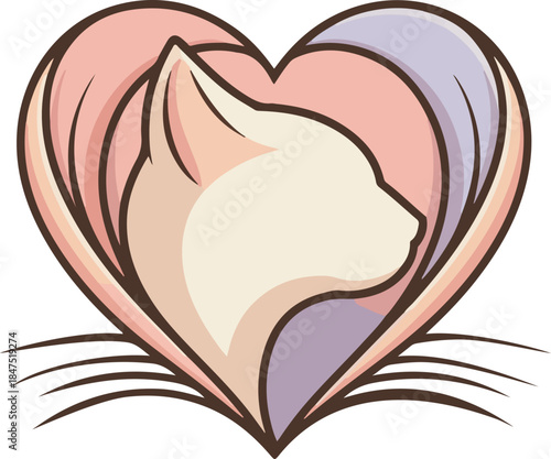 Cat profile in heart shape pastel colors vector silhouette