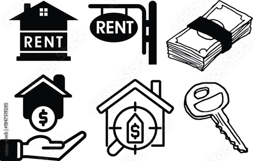 Buy property, online listing and lease agreement vector symbols. House for sale and home for rent icons.