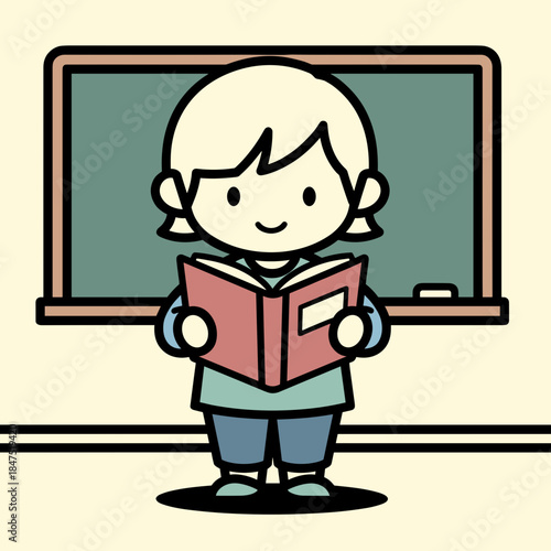 Smiling schoolgirl reading book in classroom with chalkboard