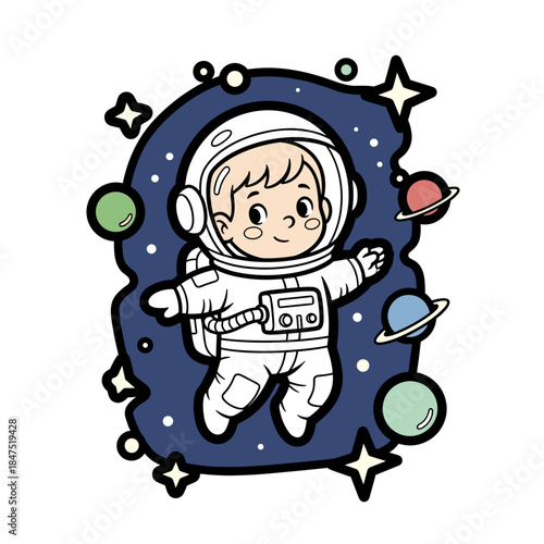Happy astronaut kid exploring space with planets and stars