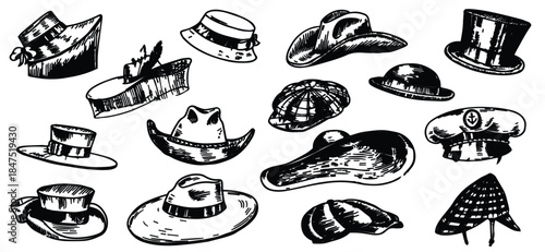 Vintage summer hats collection featuring elegant retro headwear for men and women.  suitable for fashion branding, posters, editorials, and stock illustration use.