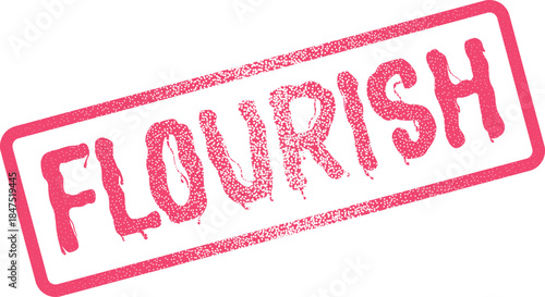 Deep pink flourish word stamp with textured distressed grunge effect on bright white