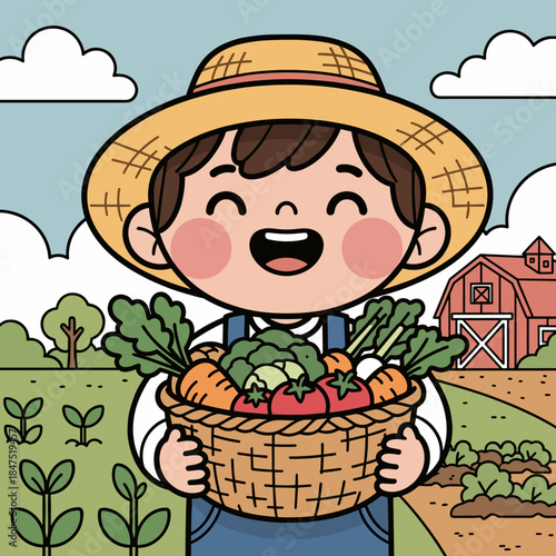 Happy farmer boy holding fresh vegetables in a basket on a sunny farm