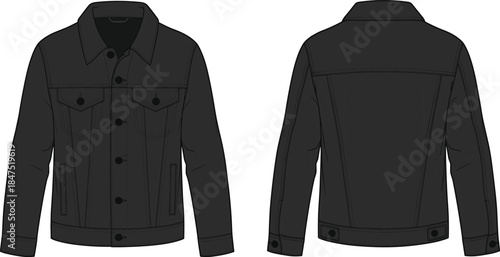 Black denim jacket technical sketch, front and back view, fashion flat drawing, garment design template, clothing blueprint, vector illustration, outline