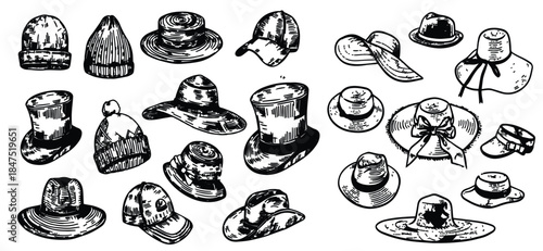 Vintage summer hats collection featuring elegant retro headwear for men and women.  suitable for fashion branding, posters, editorials, and stock illustration use.