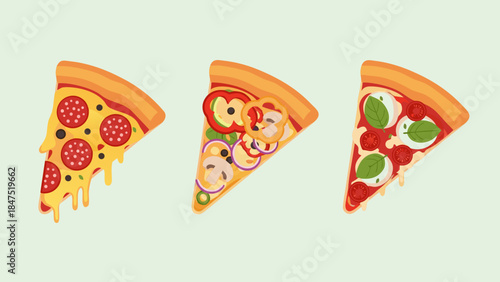 Delicious variety of pizza slices featuring pepperoni, vegetable, and margherita styles