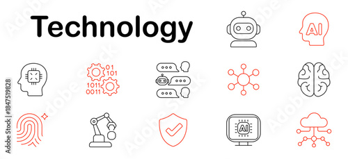 Technology set icon. AI, neural network, chatbot, fingerprint, robot, automation, security, brain, connection, face recognition, machine learning, binary code, circuit, processor.