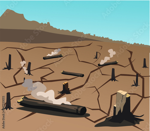 Simple vector illustration of deforested and burned land with tree stumps and dry cracked soil, symbolizing environmental damage, climate change, and forest destruction