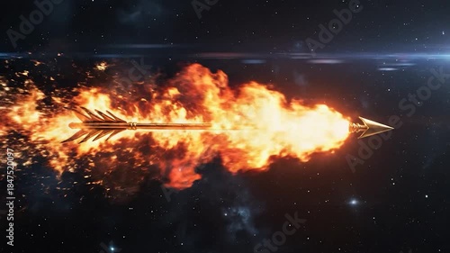 Golden arrow flying with fiery trail through starry space speed and power concept