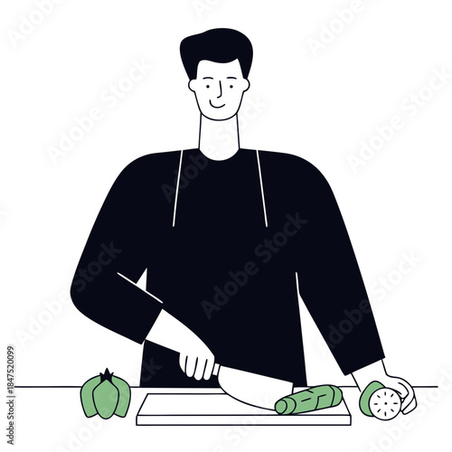Man cuts vegetables, focused, cooking activity on a plain background