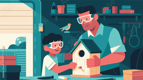 Illustration Of Child Helping An Adult Build A Small Birdhouse In The Garage, Both Wearing Safety Glasses Vector Design Template