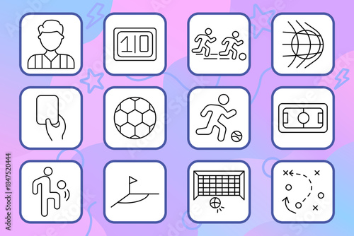 Soccer set icon. Player, ball, goal, field, tactics, scoreboard, referee, card, net, run, flag representing soccer match moments, team strategy, equipment, and field layout.