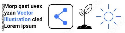 Renewable energy, environmental sustainability, data sharing, eco-growth, innovation, nature conservation. Blue share icon, seedling with soil and sunlight outline. Data sharing and eco-growth