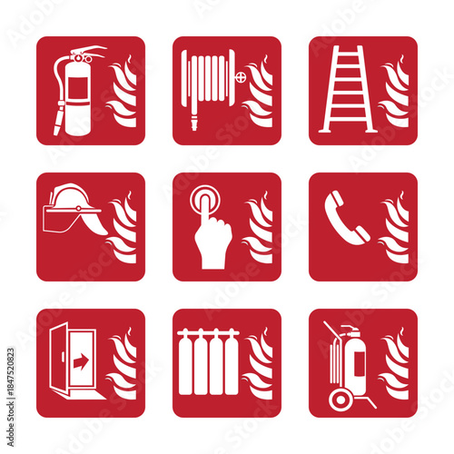 Vector set of universal red safety icons showing firefighting equipment and emergency actions, suitable for signage, evacuation plans, safety manuals, and fire prevention designs