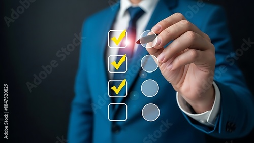 Man in blue suit marking yellow checkmarks on digital checklist to do list task