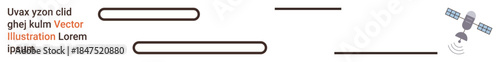 Space communication, global connectivity, data transmission, technology networks, exploration, satellite systems. Satellite transmitting signals alongside text and data bars. Space communication