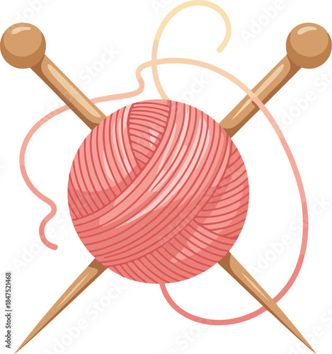 Pink yarn ball with wooden knitting needles and loose threads vector