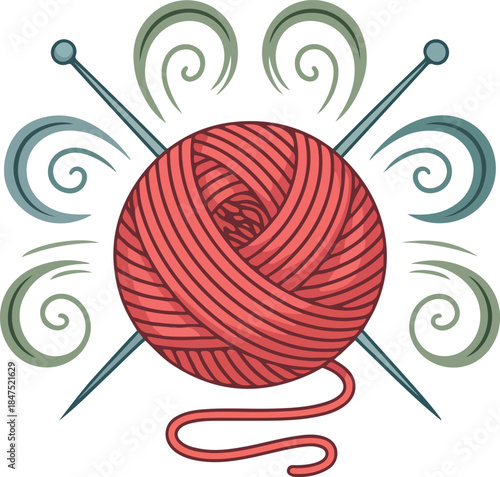 Red yarn ball with knitting needles and swirls vector