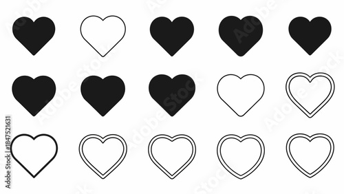 Variety of heart shape icons, including solid and outlined styles, for modern digital interfaces, social media, and conveying likes or affection