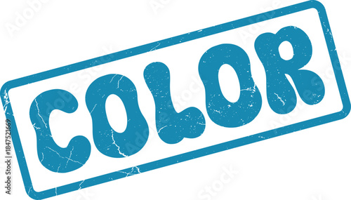 Distressed blue rubber stamp impression spelling the word Color in a textured rectangular box