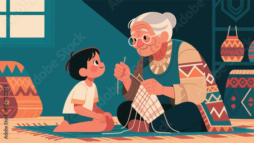 Illustration Of Child Sitting On The Floor, Mesmerized, As A Grandparent Gently Tells A Story Or Teaches A Traditional Craft Vector Design Template