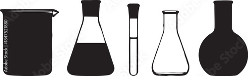 A collection of five laboratory glassware silhouettes including a beaker an Erlenmeyer flask a test tube and two round bottom flasks for science also transparent background