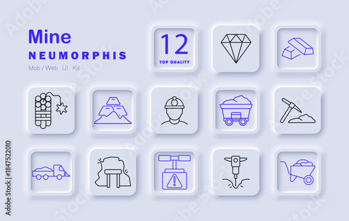 Mine set icon. Dynamite, diamond, miner, cart, gold bars, drill, warning, tunnel, pickaxe, mountain, wheelbarrow, truck extraction of minerals using tools, transport, labor, safety gear.