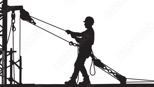 Silhouette of a construction worker operating a complex pulley system with ropes and rigging attached to a heavy industrial structure also transparent background
