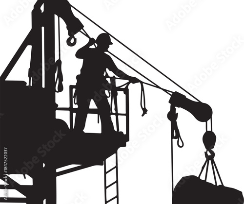 Silhouette of a construction worker operating a crane on a platform lifting a heavy load at a building site for industrial and labor themes also transparent background