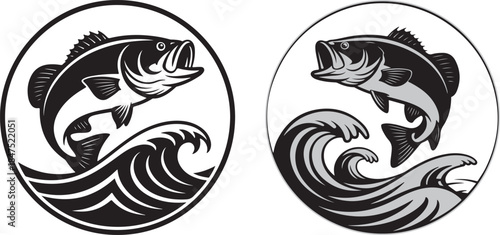 Two fishing badges with bass leaping over waves vector