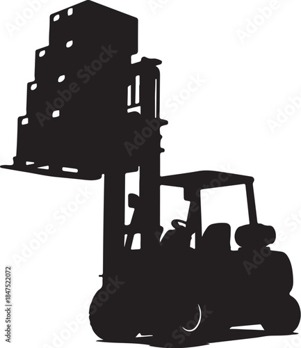 Silhouette of a forklift truck lifting a stack of boxes against a white background industrial machinery for logistics and warehousing operations also transparent background