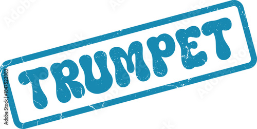 Cool blue Trumpet word stamp with a distinctive distressed grunge texture effect