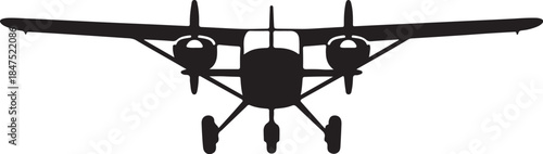 Silhouette of a twin-engine propeller aircraft viewed from the front with landing gear extended ready for takeoff or landing in a simple style also transparent background