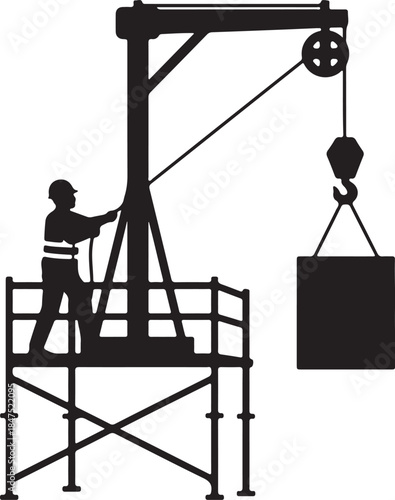 Silhouette of a construction worker operating a crane on scaffolding lifting a heavy symbolizing industry and labor also transparent background