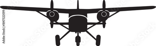 Silhouette of a twin-engine propeller airplane viewed from the front, showcasing its wings, engines, fuselage, and landing gear for aviation and travel concepts also transparent background