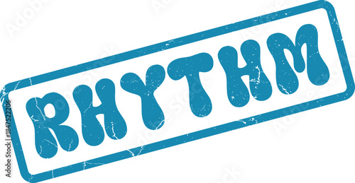 Dynamic blue RHYTHM text within a textured rectangular musical expression stamp emblem