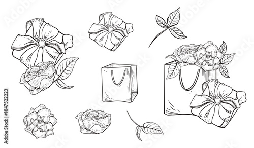 Various vector outlines elements for gift and flower arrangements with roses, bow, and shopping bag. Holiday present design for birthday or Valentines Day. Black white linear drawing for Women's Day.