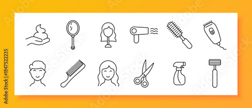 Hairdressing set icon. Comb, scissors, razor, hairdryer, mirror, spray, shampoo, hairstyle, barber, beauty, care, salon, brush, stylist, person, grooming, self-care, treatment, service, fashion