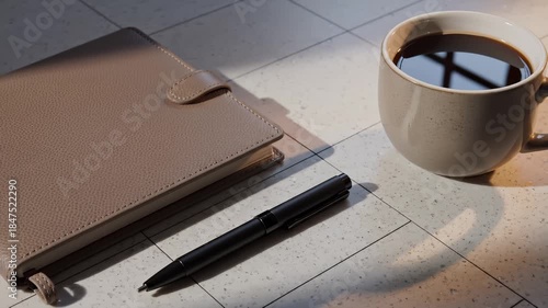 Close Up of Coffee, Notepad and Pen With Light and Shadow Play