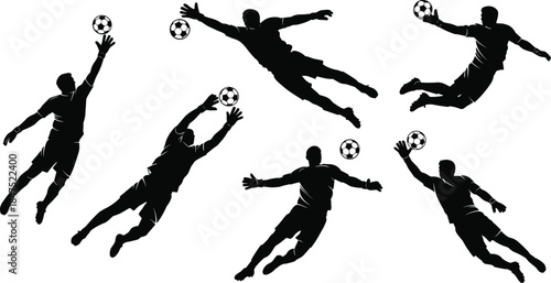 Soccer goalkeeper silhouette, catching ball, blocking shot, diving save, sports action pose, athletic movement, football defense, goalkeeping technique, training illustration