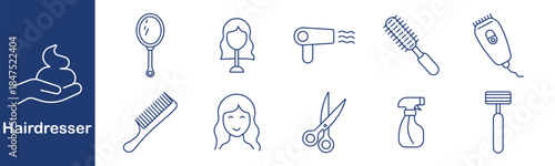 Hairdresser set icon. Mirror, mannequin, dryer, brush, clipper, comb, woman, scissors, spray, razor. Haircut, style, salon, grooming, barber, beauty, tool, personal, hygiene, care.